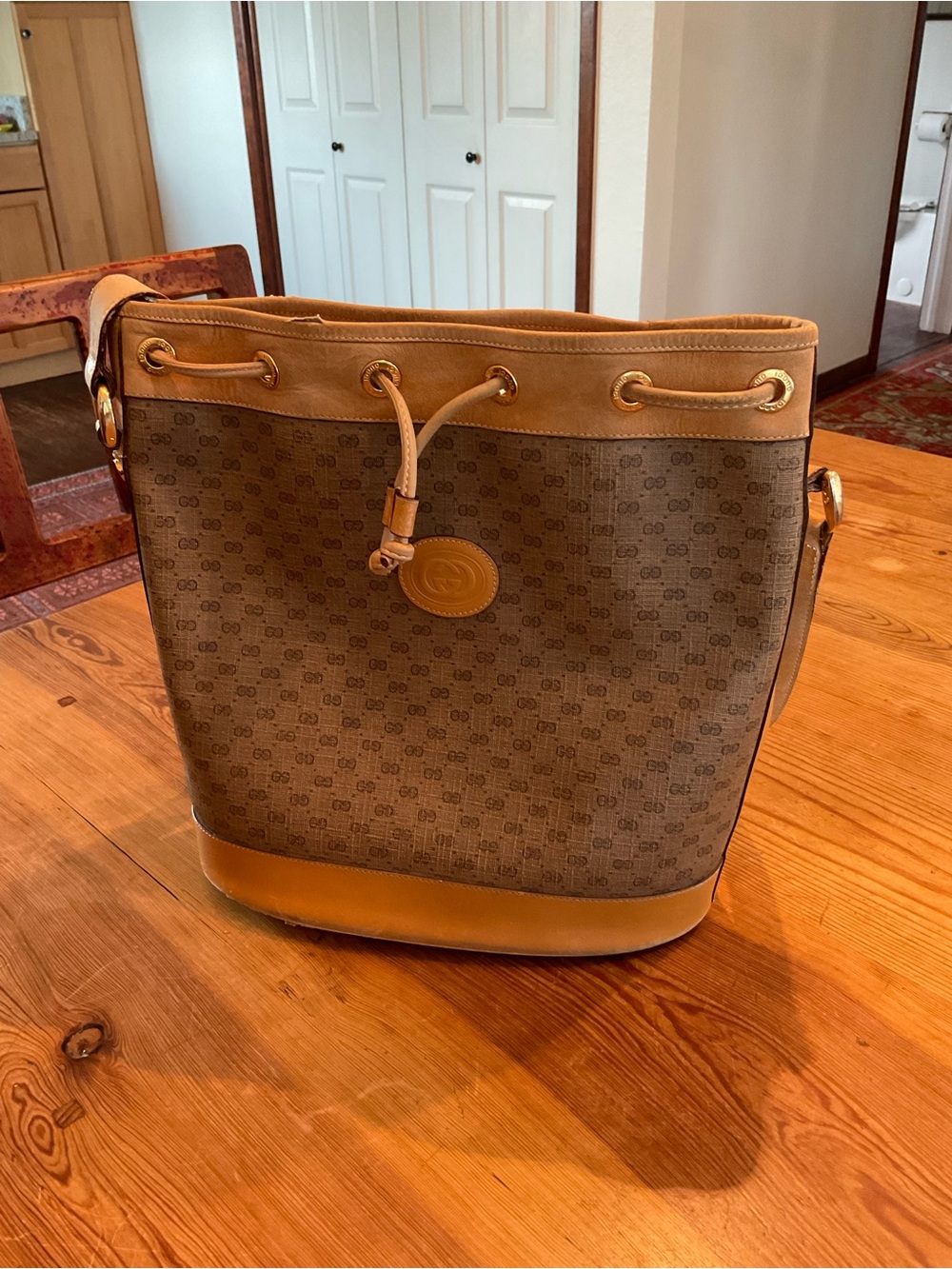 Gucci Brown Monogram Messenger Bucket Bag with Tan Trim